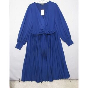 Eloquii Dress Women Plus‎ 20 Blue Faux Wrap Pleated Long Sleeve Midi Career NWT